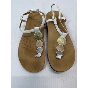 Vionic Women’s Lizbeth Sandals White Medallion Gold Silver T Strap Flats Size 9